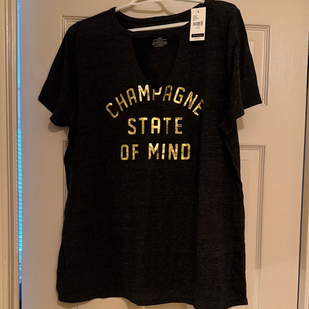 Lane Bryant Black V‑Neck Tee with Gold Lettering